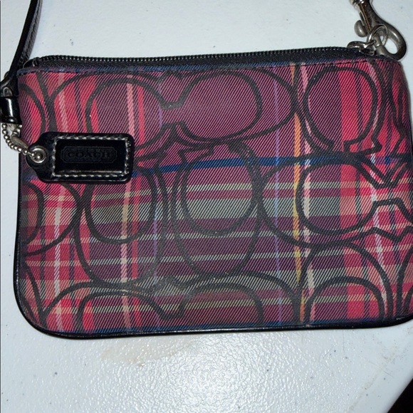 Coach Madras/Tartan Signature Plaid Wristlet in Burgundy and Black